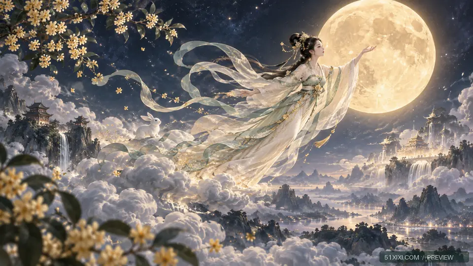 嫦娥揽月 — 节日 AI 原创壁纸水印预览