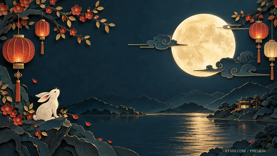 千灯映月 — AI 原创壁纸水印预览